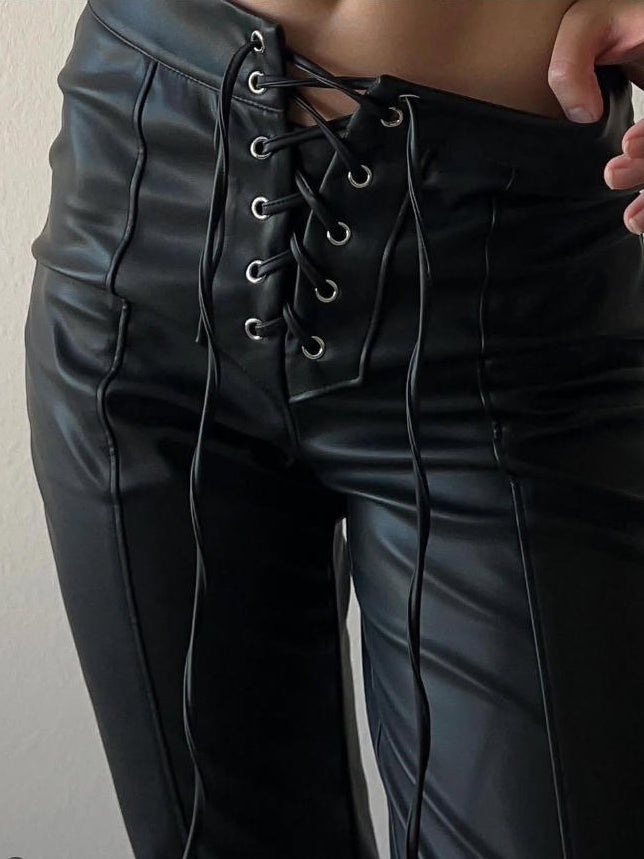 BUYCO Female Fitted Faux Leather Push Up Design Lace-up Split Leggings
