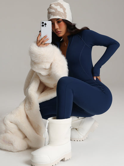 BUYCO Female Fitted Solid Color Zipper Fleece Jumpsuit