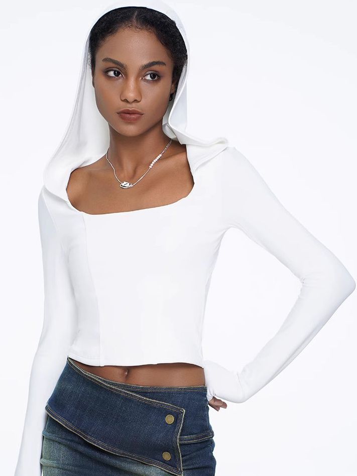 BUYCO Female Solid Color Hollow Out Hooded Elastic Tight Long Sleeves