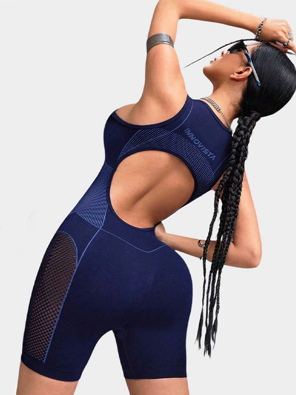 BUYCO Female Hollow Out Net Zipper Push Up Design Elastic Tight Romper