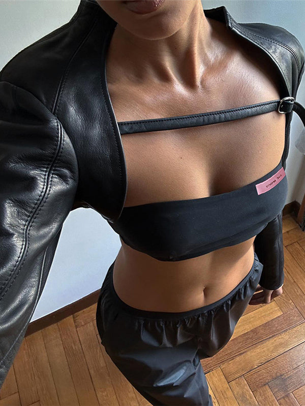BUYCO Female Fitted Glossy PU Faux Leather 2-piece Crop Top Long Sleeves