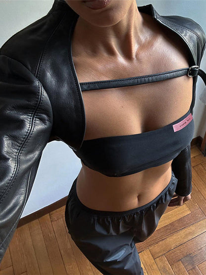 BUYCO Female Fitted Glossy PU Faux Leather 2-piece Crop Top Long Sleeves