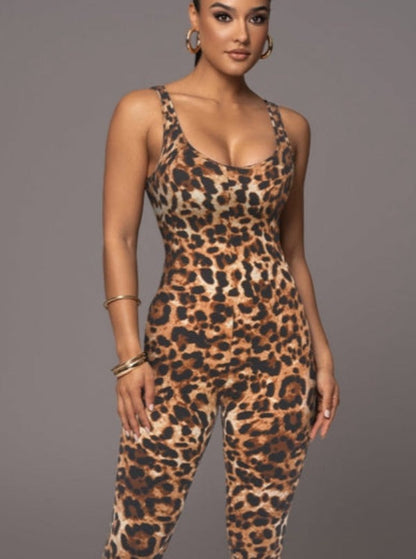 BUYCO Female Leopard Print U Collar Jumpsuit