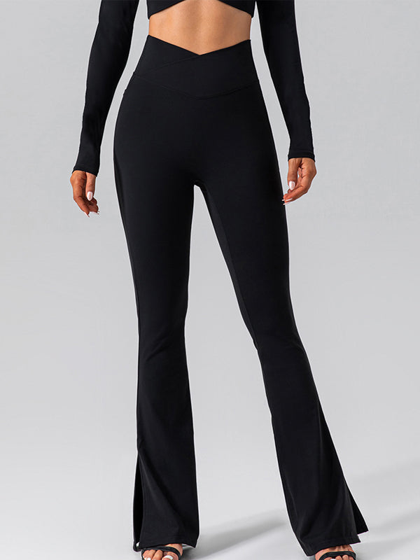 BUYCO Female V-shape Waist Pocket Solid Color Split High-waisted Flare Pants