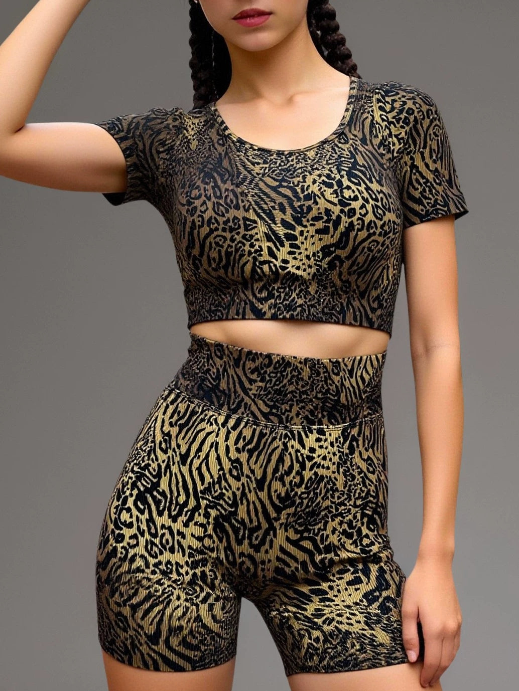 BUYCO Female Leopard Print U Collar Short Tracksuit