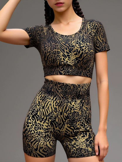 BUYCO Female Leopard Print U Collar Short Tracksuit
