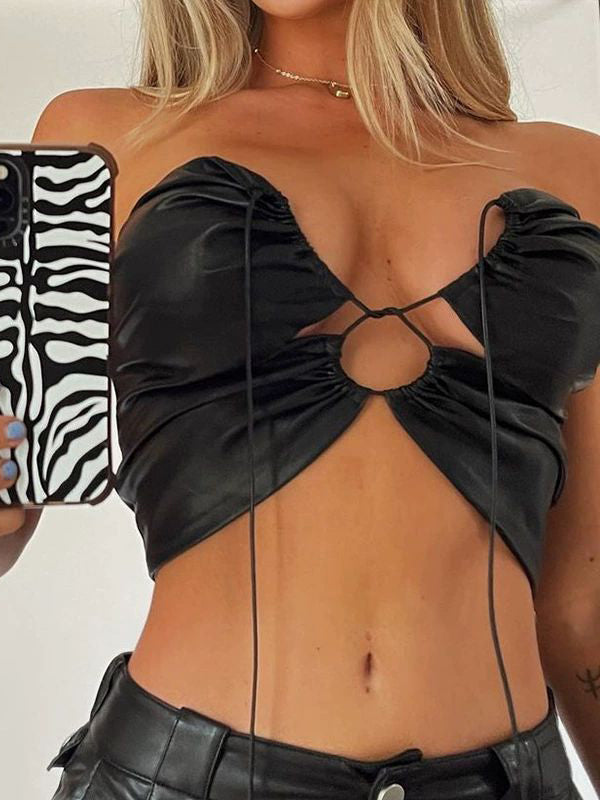 BUYCO Female Fitted Faux Leather Backless Lace-up Sports Bras