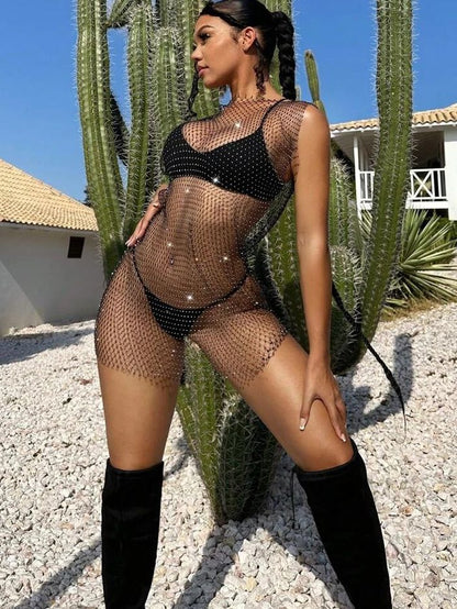BUYCO Female Fitted Fishnet Crystal Set Beach Dress Without Bikini