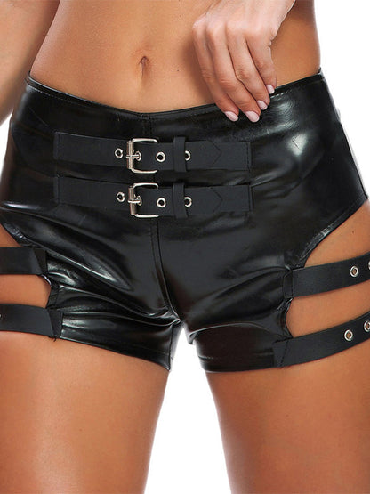 BUYCO Female Fitted Faux Leather Hollow Out with Metal Fit Shorts