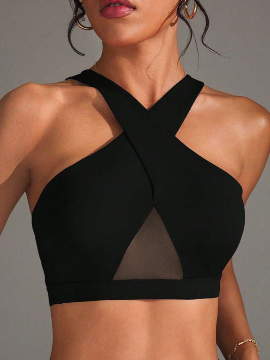 BUYCO Female Fitted Solid Color Sheer Mesh Cross Tank