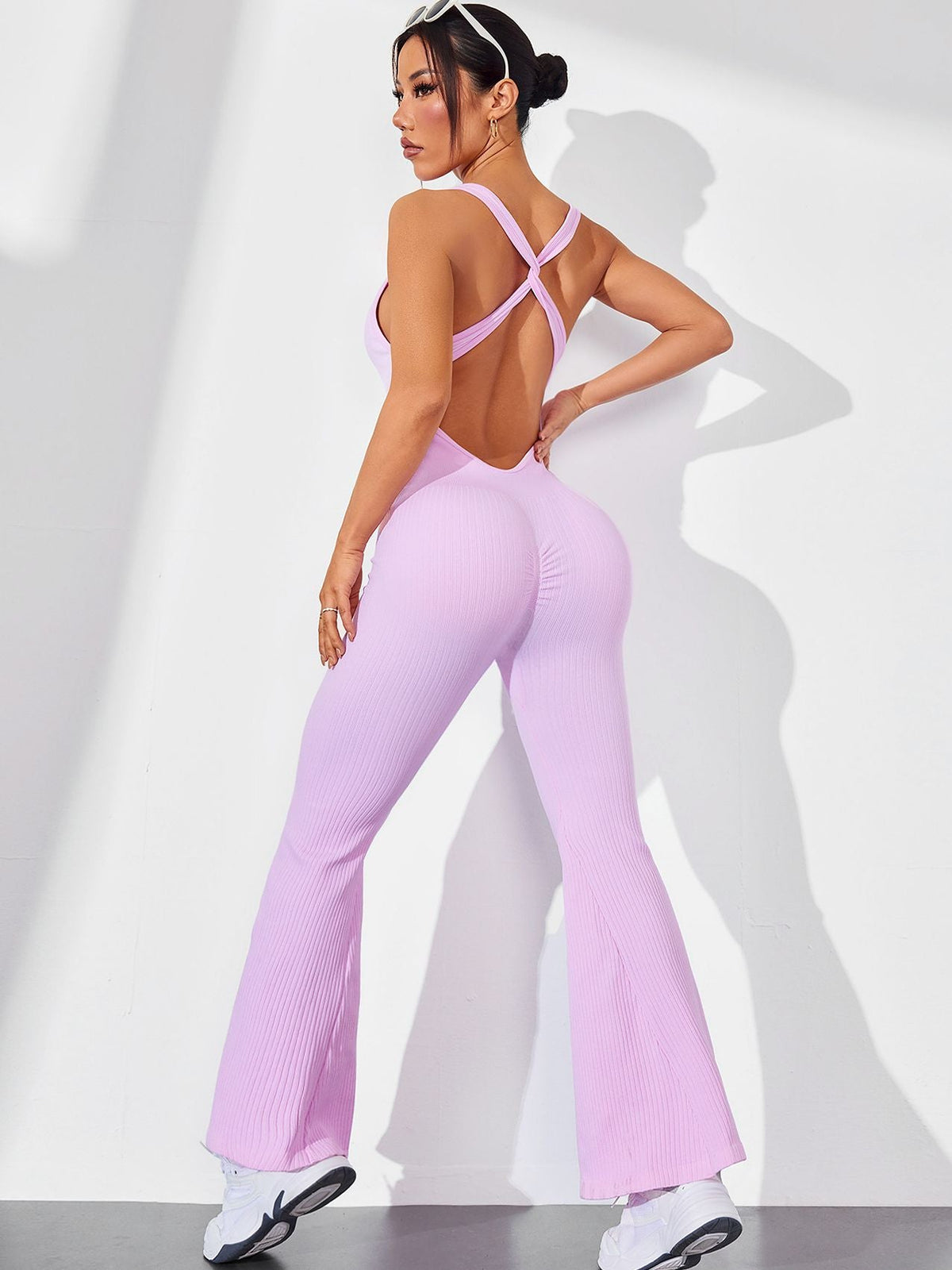 BUYCO Female Cross Back Ruched Back Flare Ribbed Jumpsuit