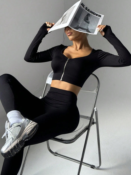 BUYCO Female Ribbed Zipper Solid Color Tracksuit