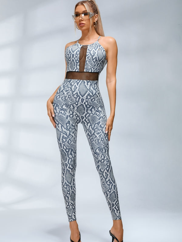 BUYCO Female Fitted Fishnet Snake Print Backless Jumpsuits