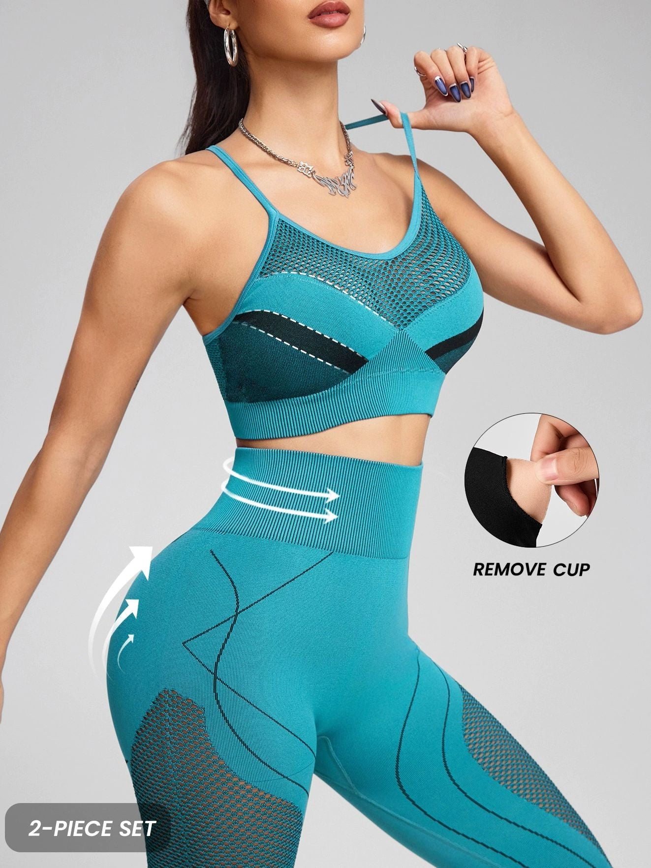 BUYCO Female Contrast Color Cross Back Fishnet Stripe Print Tracksuit