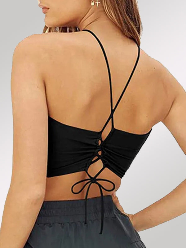 BUYCO Female Halter Folds Cross Back Pleated Backless Sports Bras
