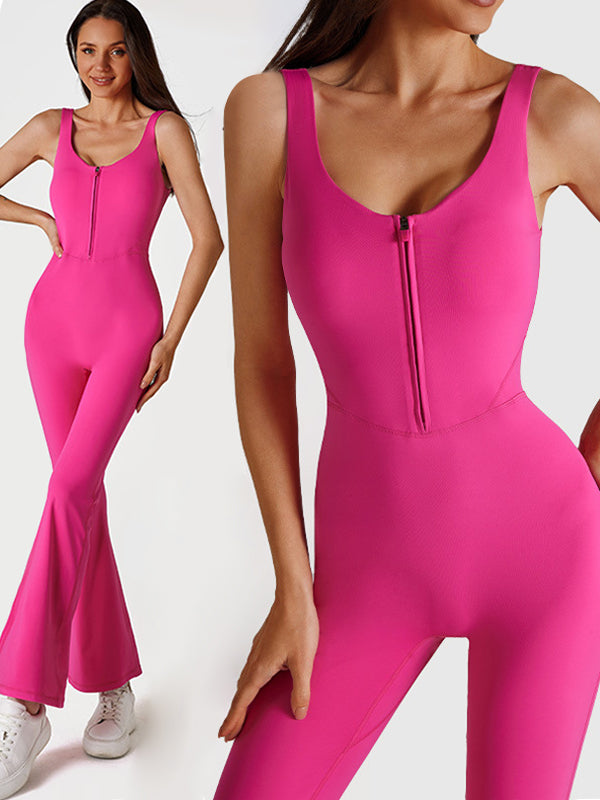 BUYCO Female Solid Color Zipper Flare Seamless Jumpsuit