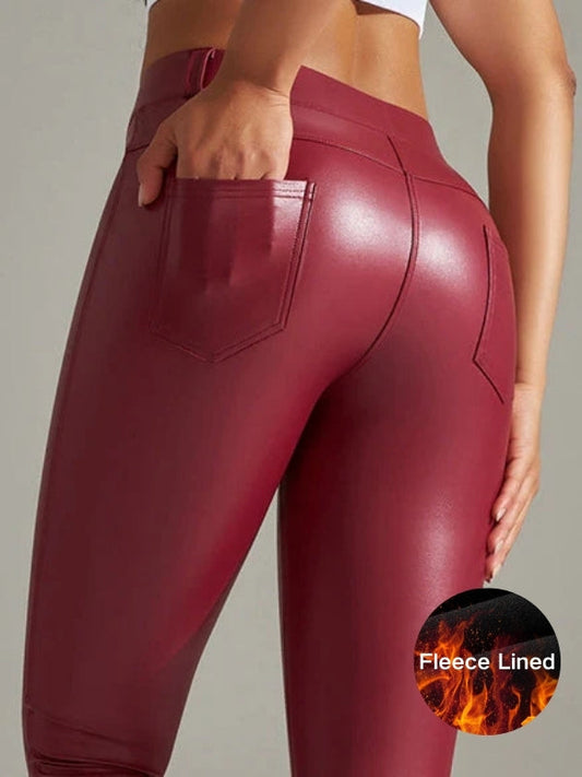 BUYCO Female Pocket PU Faux Leather Leggings