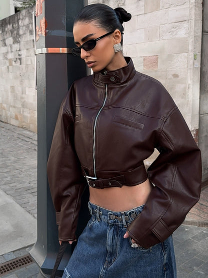 BUYCO Female Zipper PU Trench Collar Buttons Jackets
