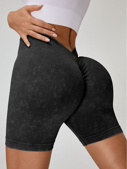 BUYCO Female Deep V Back Faux Denim Ruched Back Spandex Gym Fit Shorts