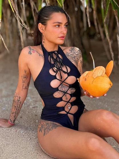 BUYCO Female Roman-knot Hollow Out Halter One Piece