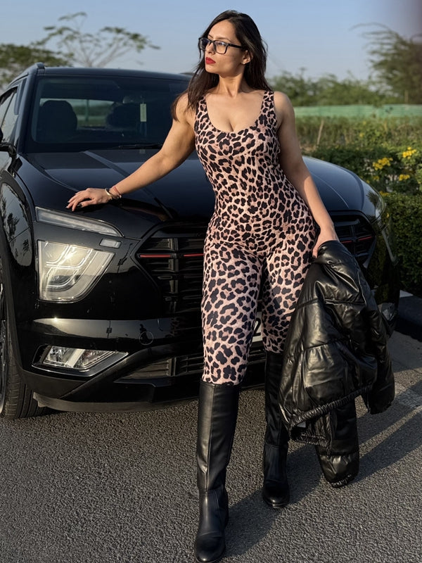 BUYCO Female Leopard Print U Collar Jumpsuit
