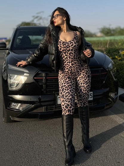 BUYCO Female Leopard Print U Collar Jumpsuit