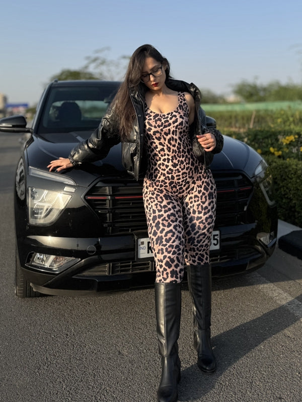 BUYCO Female Leopard Print U Collar Jumpsuit