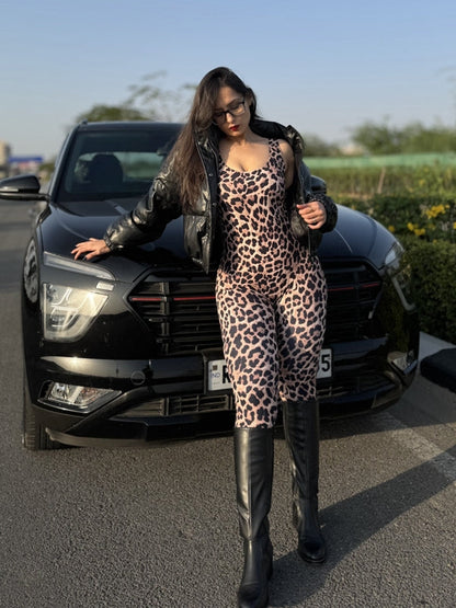 BUYCO Female Leopard Print U Collar Jumpsuit