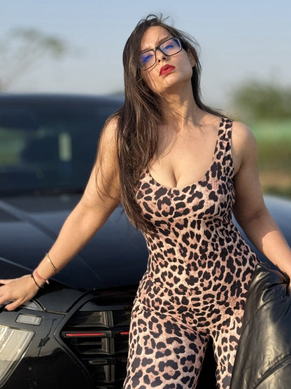 BUYCO Female Leopard Print U Collar Jumpsuit