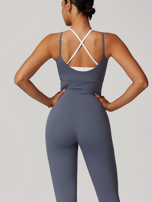 BUYCO Female Contrast Color U Collar Cross Back Jumpsuits