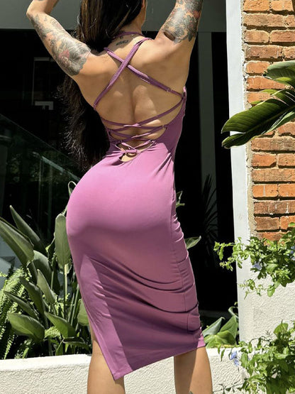 BUYCO Female Solid Color Cross Back Hollow Out Split Dress