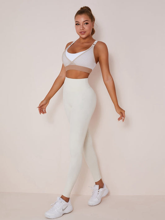 BUYCO Female High Waist Nude Quick-Drying Mesh Contrast Color Stitching Leggings