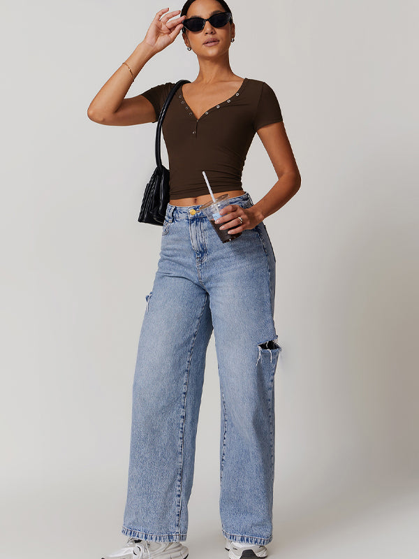 BUYCO Female V-neck Quick Dry Buttons Yoga Short Sleeves