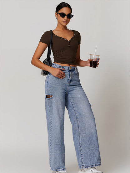 BUYCO Female V-neck Quick Dry Buttons Yoga Short Sleeves