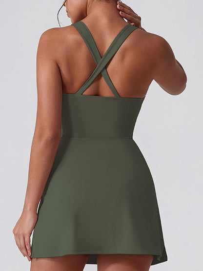 BUYCO Female U Collar I-shaped Zipper Cross Back Quick-dry Dress