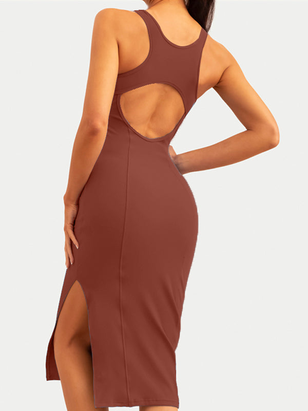 BUYCO Female Ribbed Yoga Elastic Tight Hollow Out Quick Dry Short Dress