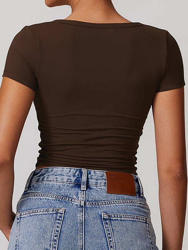 BUYCO Female V-neck Quick Dry Buttons Yoga Short Sleeves