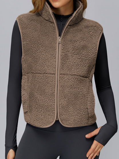 BUYCO Female Fleece Zipper Pocket Stand Up Collar Vest Jacket
