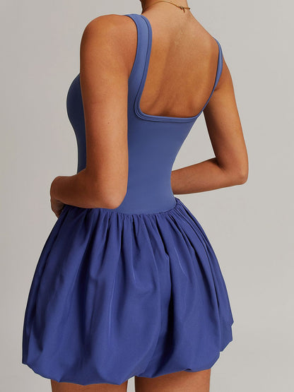 BUYCO Female Solid color U Collar Backless 2 in 1 Pleated Tennis Dress