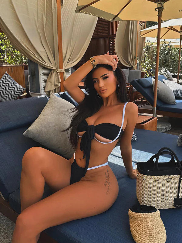 BUYCO Female Fitted Contrast Color Bow-knot Lace-up Hollow Out Bikini Set