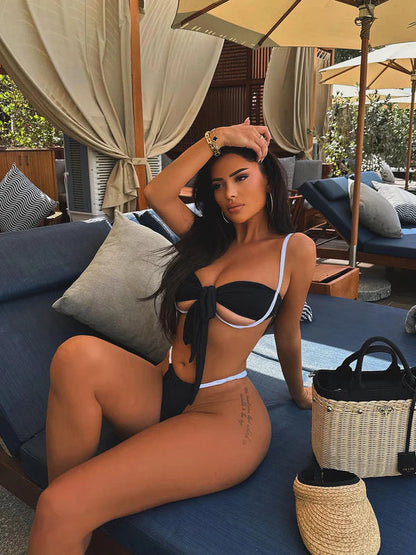 BUYCO Female Fitted Contrast Color Bow-knot Lace-up Hollow Out Bikini Set