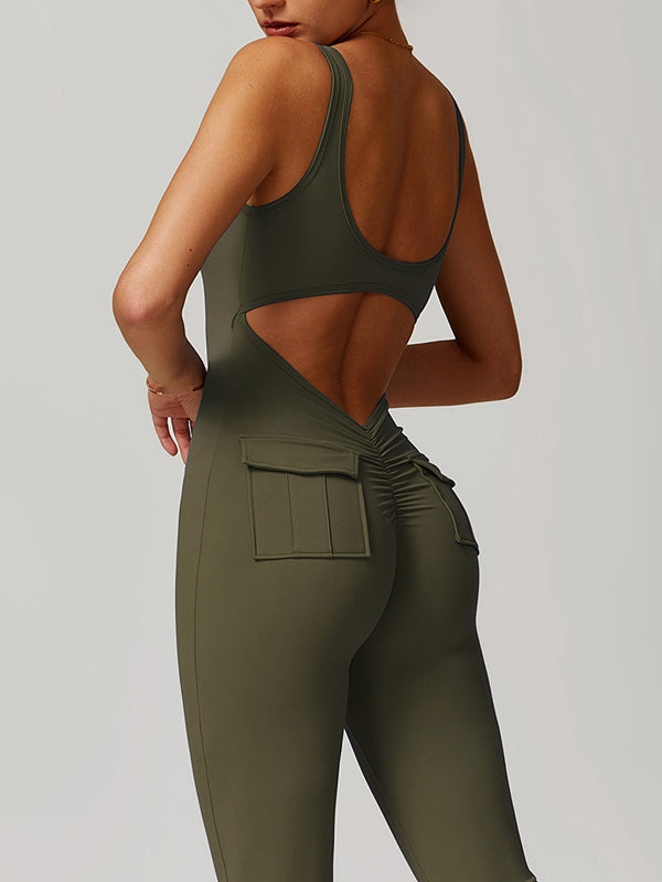 BUYCO Female Fitted Cutout Pocket Flare Fit Cargo Jumpsuit