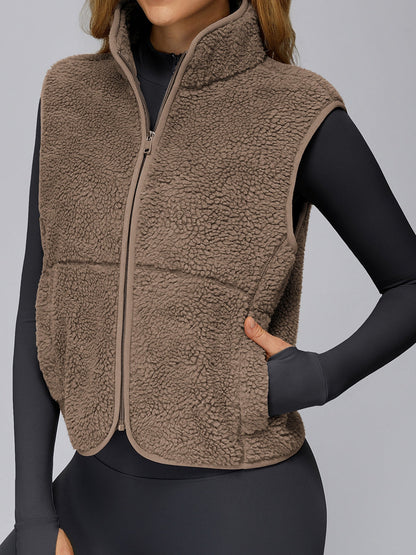 BUYCO Female Fleece Zipper Pocket Stand Up Collar Vest Jacket