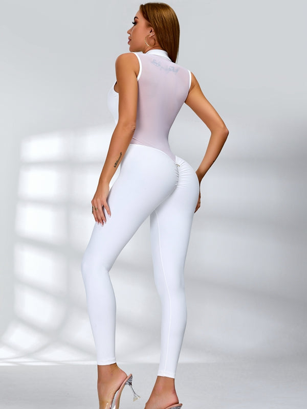 BUYCO Female Fitted Sheer Mesh Back Deep V Back Ruched Back Zipper Jumpsuit