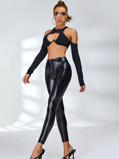 BUYCO Female Fly-Eye Faux Leather Push-Up Zipper Hip-lift Leggings