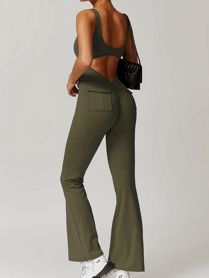 BUYCO Female Fitted Cutout Pocket Flare Fit Cargo Jumpsuit