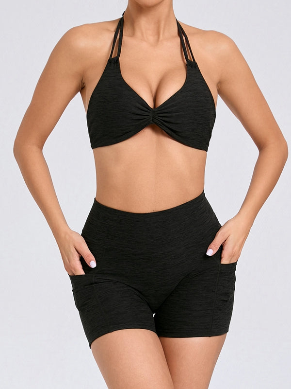 BUYCO Female Deep V Back Pocket Ruched Back Halter Backless Short Tracksuit