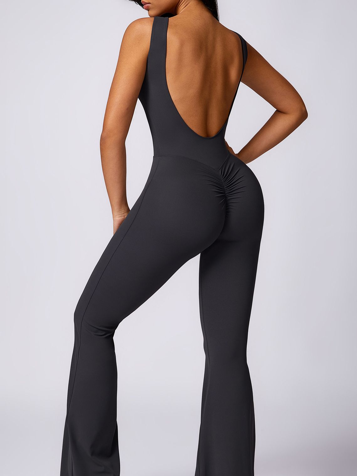 BUYCO Female Backless Elastic Tight Ruched Back Flare Jumpsuit