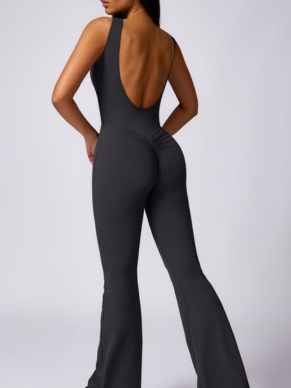 BUYCO Female Backless Elastic Tight Ruched Back Flare Jumpsuit
