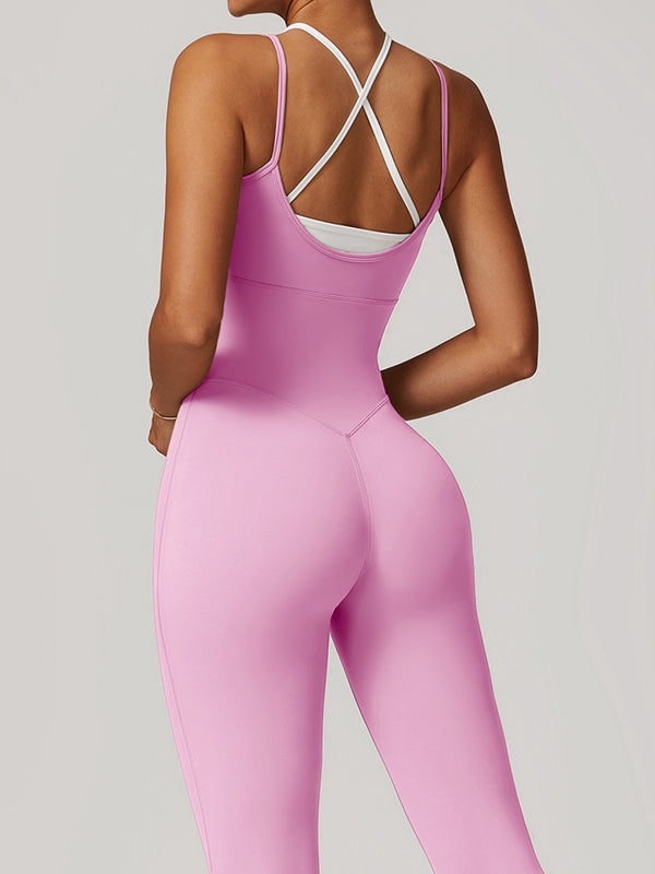 BUYCO Female Contrast Color U Collar Cross Back Jumpsuits